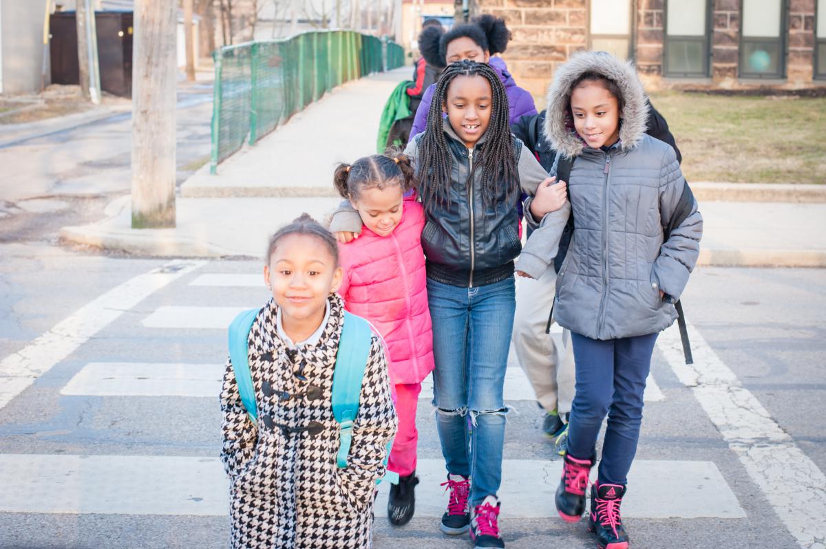 students at crosswalk