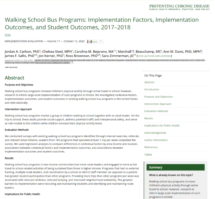 screenshot of research article about walking school bus